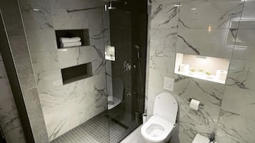 Regadera, toallas, shampoo