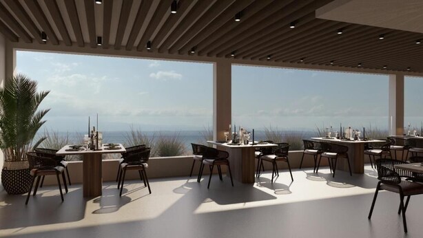 A modern outdoor dining area with multiple tables and chairs, large windows offering a view of the ocean, and a ceiling with wooden slats. - Elion Seaside by Anayia All Inclusive Resorts (Chalcis)