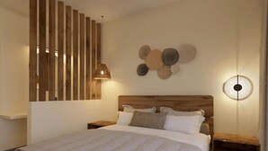 A modern bedroom with a large bed, wooden headboard, and a wall-mounted light fixture. - Elion Seaside by Anayia All Inclusive Resorts (Chalcis)