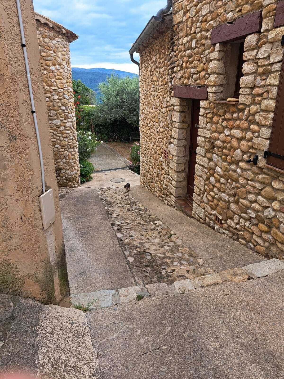 A narrow stone pathway leading to a rustic stone building with a wooden door and window shutters.