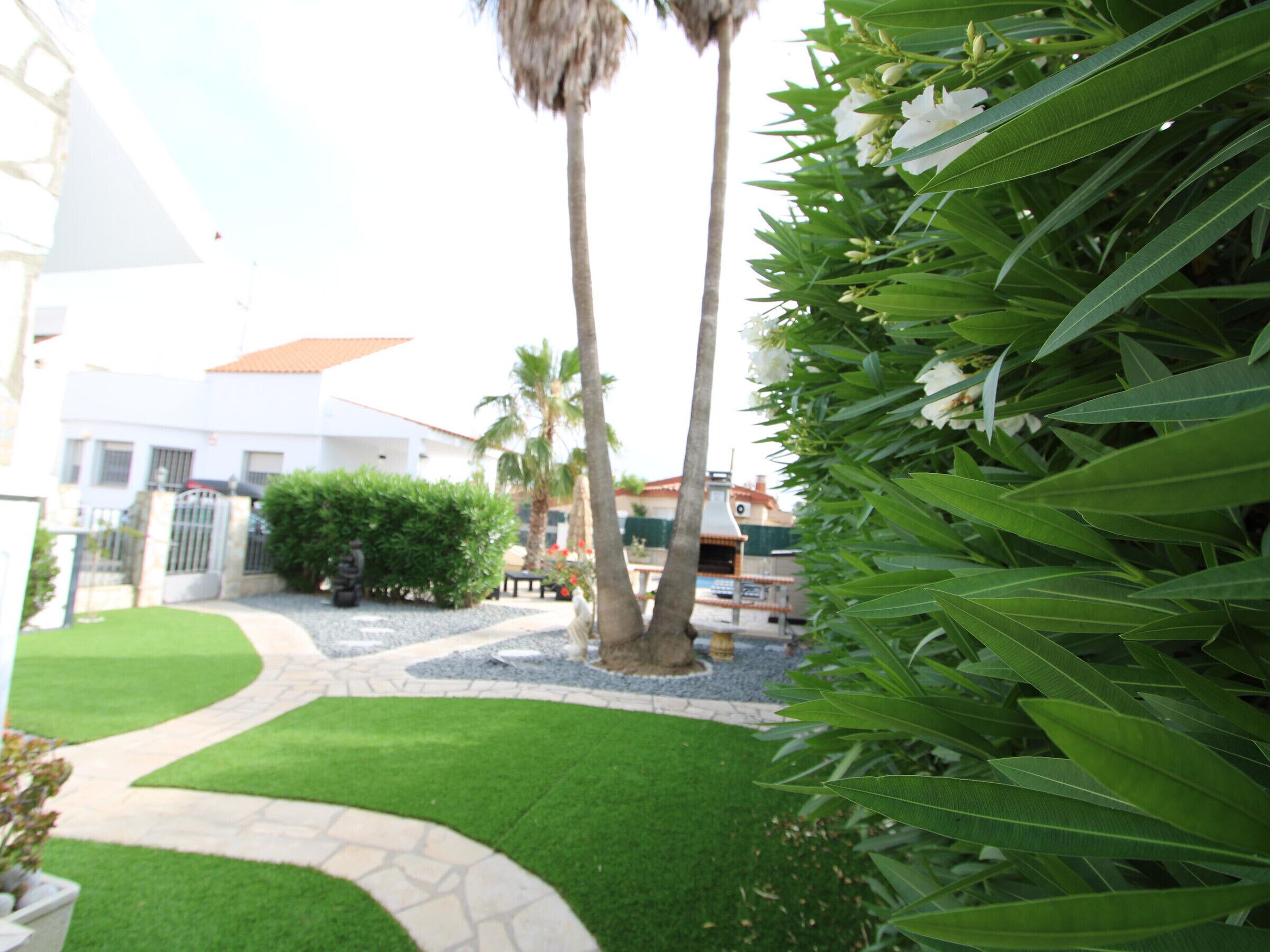 A well-maintained garden with a stone pathway, palm trees, and a building with a red roof in the background.