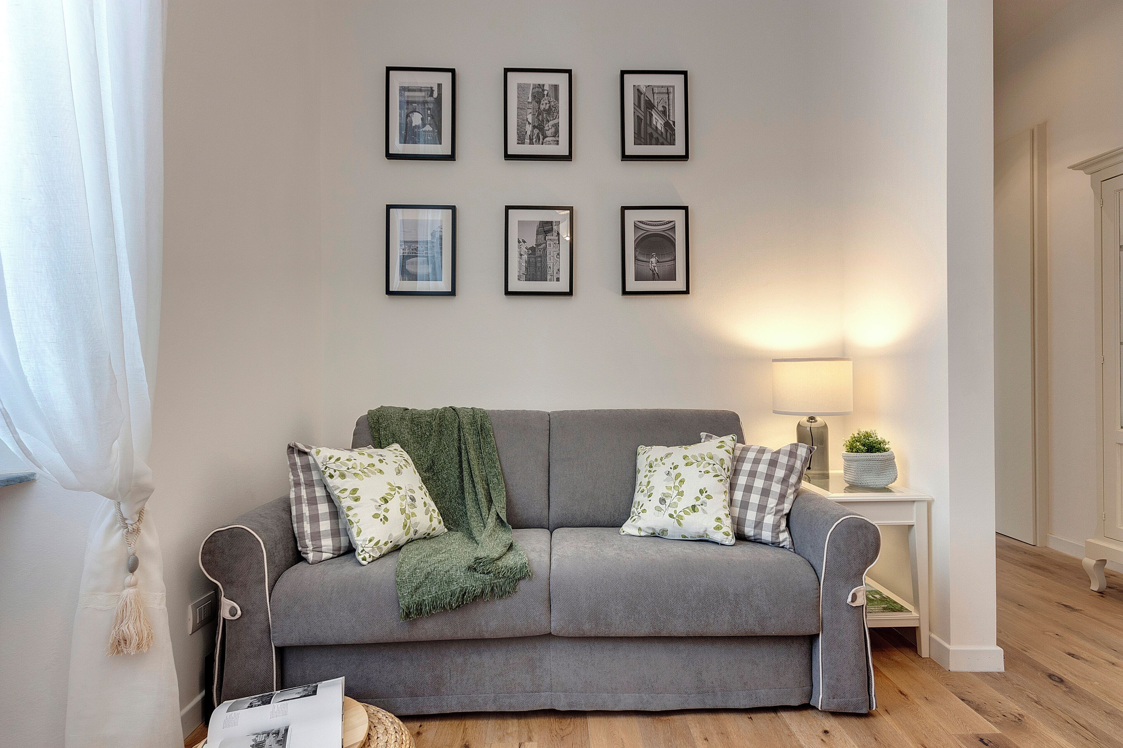 A grey sofa with patterned cushions, a green throw blanket, and a small table with a lamp and a plant.