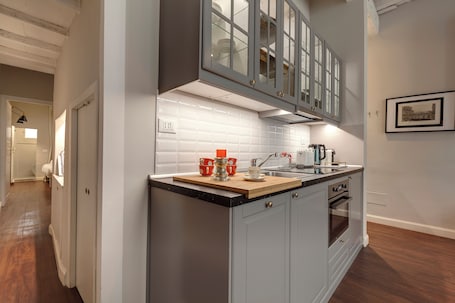 Apartment | Private kitchen | Full-size fridge, microwave, stovetop, espresso maker