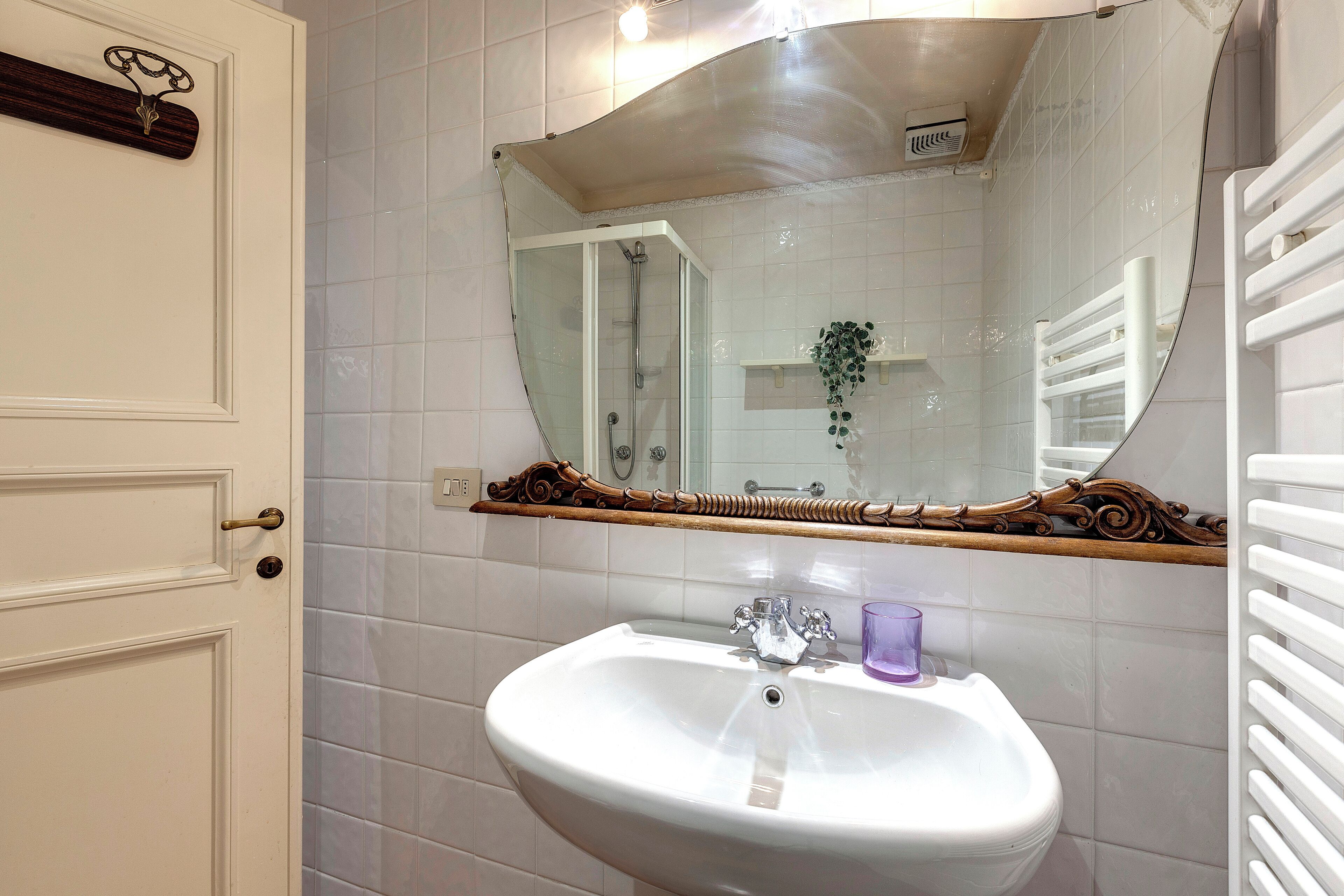 A bathroom with a white sink, a mirror, and a shower.