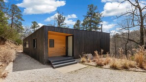 Een moderne blokhut met een houten deur en een klein terras.