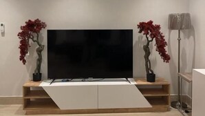 A modern living room with a flat-screen TV on a wooden stand, two potted red plants, and a floor lamp. - FLOWER1 ALMUGHRIZAT (Riyadh)