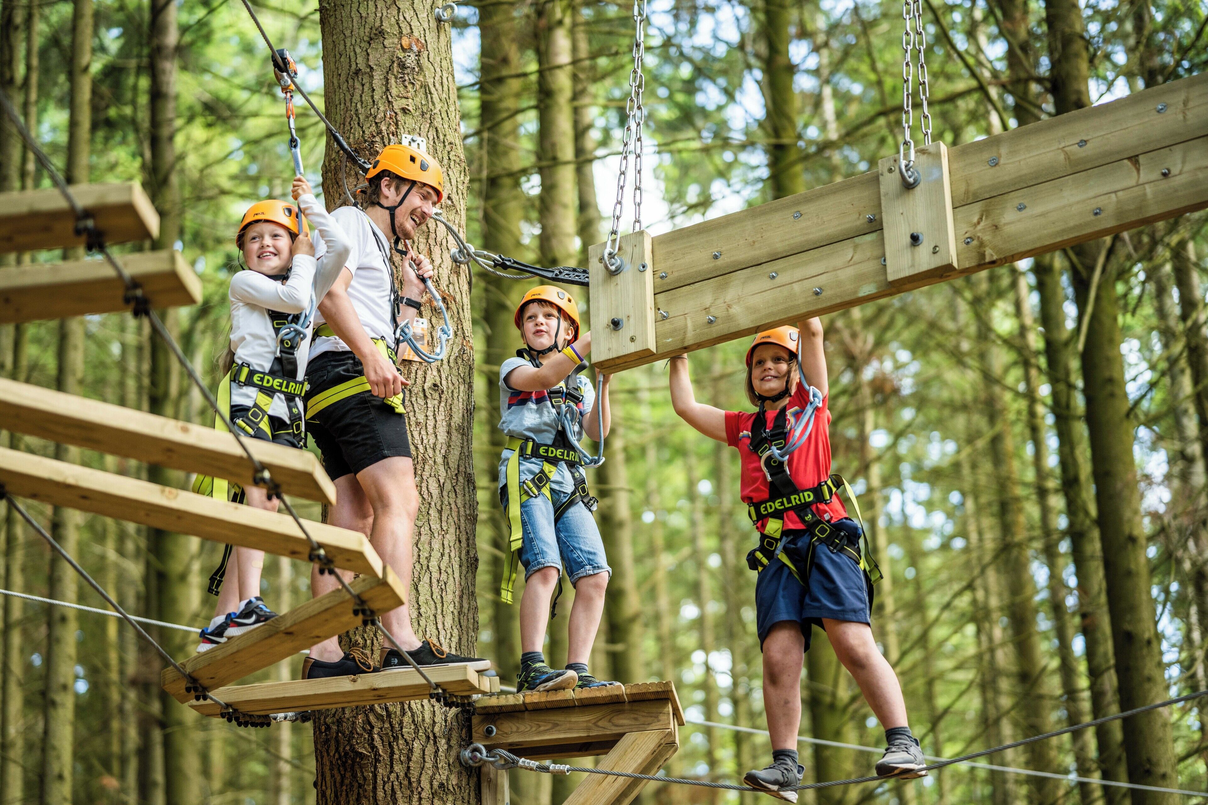 A group of people on a wooden obstacle course in a forest.