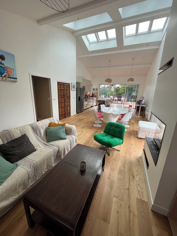 Smart TV, fireplace, books