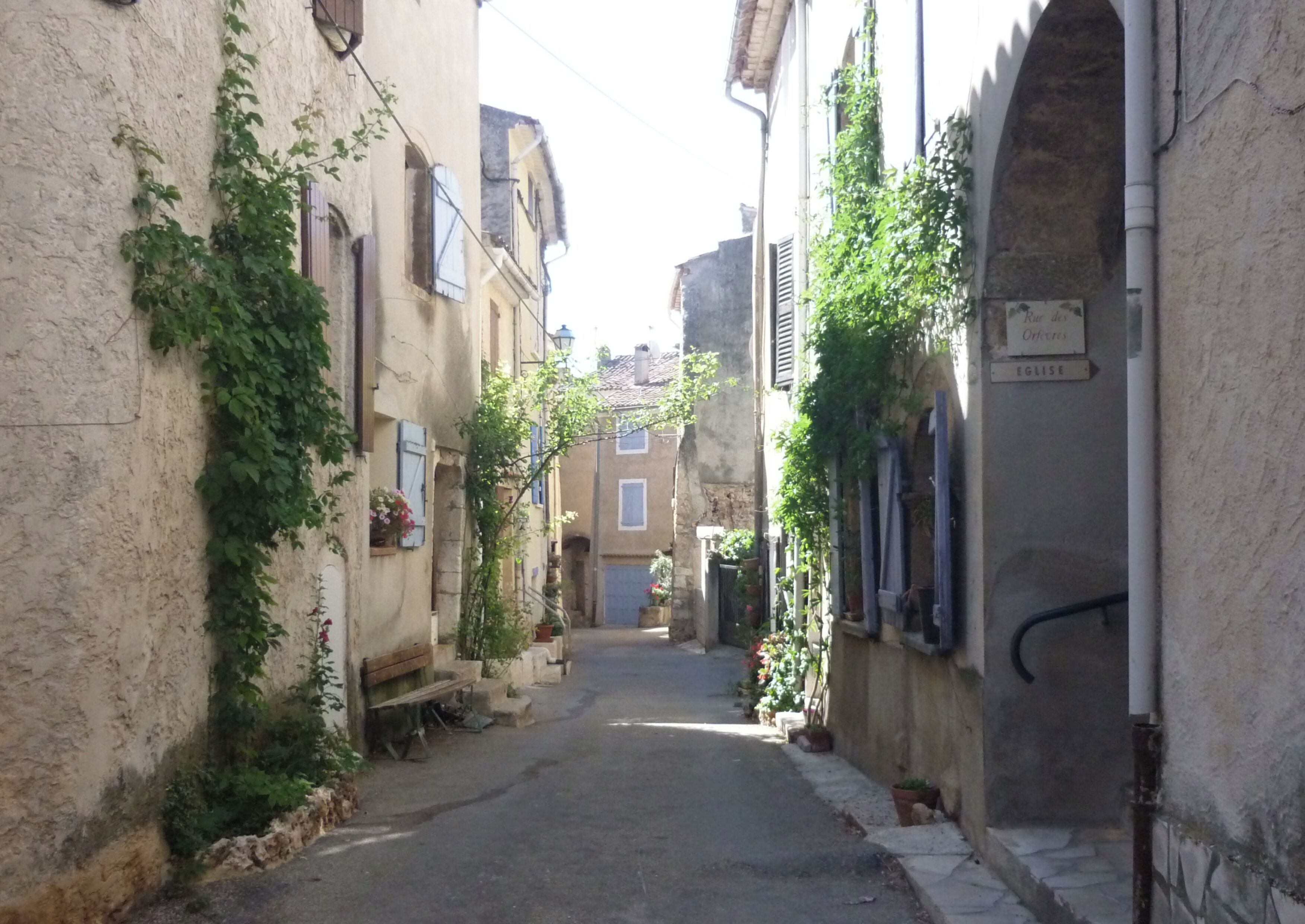 A narrow street with buildings on either side, some with plants and flowers. There are signs on the buildings, and the street is paved.