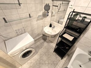 Hair dryer, towels, toilet paper