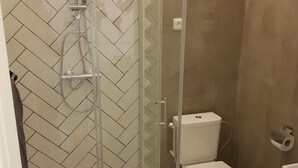 Una doccia con porta in vetro, un water e un portascopevoli.