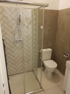 A shower with a glass door, a toilet, and a towel rack.