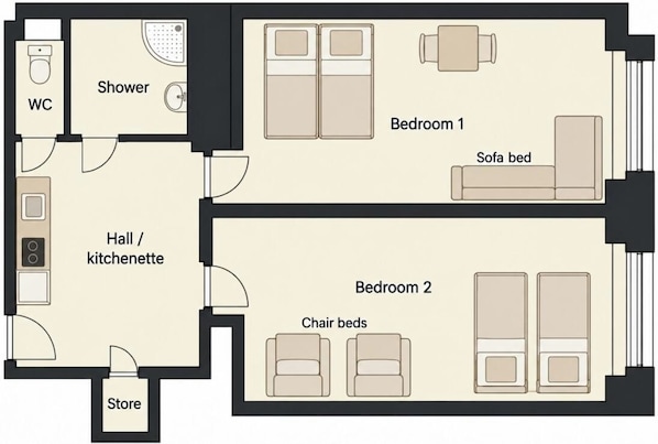 A floor plan with two bedrooms, a bathroom, a kitchenette, and a store.