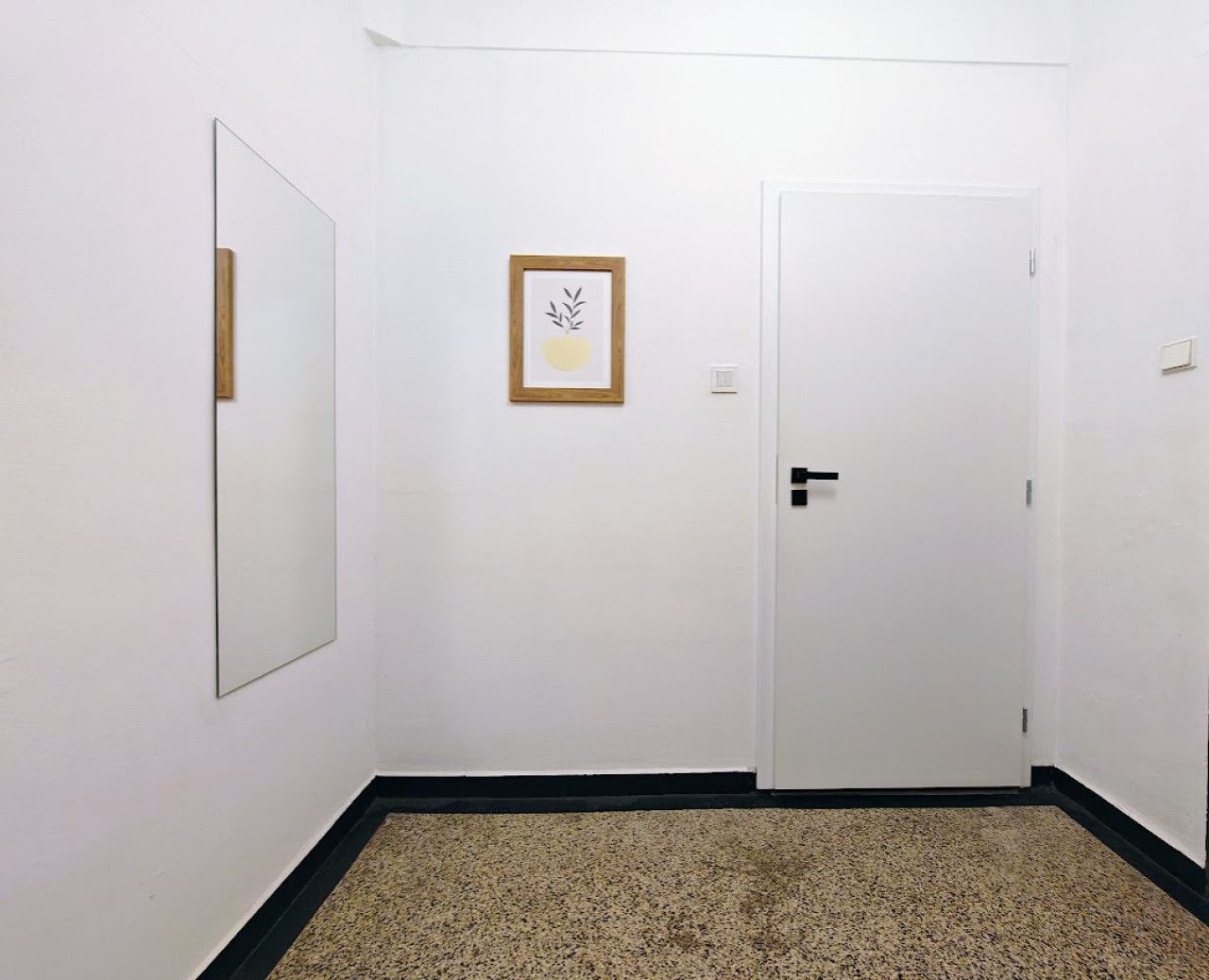 A hallway with a white door, a framed picture on the wall, and a mirror on the left.