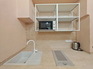 Kühlschrank, Mikrowelle, Herdplatte, Kochgeschirr/Geschirr/Besteck