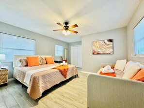 1 bedroom, desk, iron/ironing board, travel crib