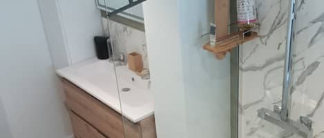 Hair dryer, towels, soap, toilet paper