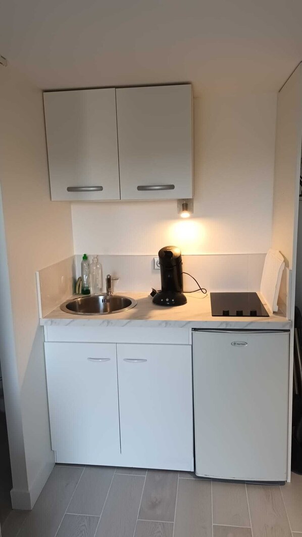 Kühlschrank, Mikrowelle, Herdplatte, Wasserkocher mit Kaffee-/Teezubehör