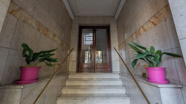 A marble staircase with pink planters on either side, leading to a wooden door. - Mole View by Wonderful Italy (Turin)