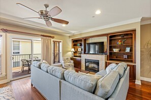 Smart TV, fireplace, books