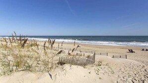Ein Strand mit einer Holzumzäunung, Sanddünen und dem Meer im Hintergrund.