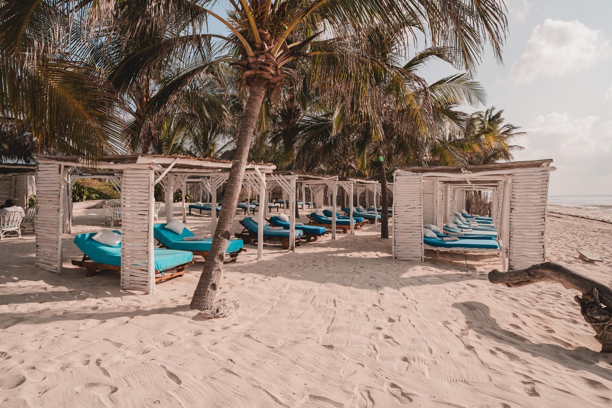 Une plage bordée de rangées de chaises longues bleues, abritées par des structures en bois, avec des palmiers et une étendue de sable.