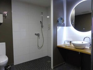 Hair dryer, towels, soap, toilet paper