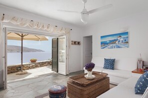 Traditional Apartment, 2 Bedrooms, Sea View, Beachfront | Living area | 50-inch TV with satellite channels - Kea Blue Heaven (Kea)