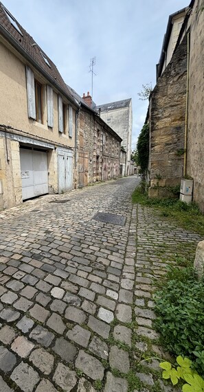 Une rue pavée bordée de bâtiments historiques aux façades en pierre et aux volets en bois.