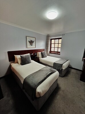 A hotel room with two beds, a window with curtains, a framed picture on the wall, and a ceiling light.