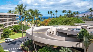 A hotel with a curved driveway, palm trees, and a view of the ocean.