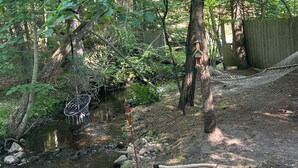 Un'area naturale all'aperto con un piccolo ruscello, un'amaca e una struttura in legno rustica.