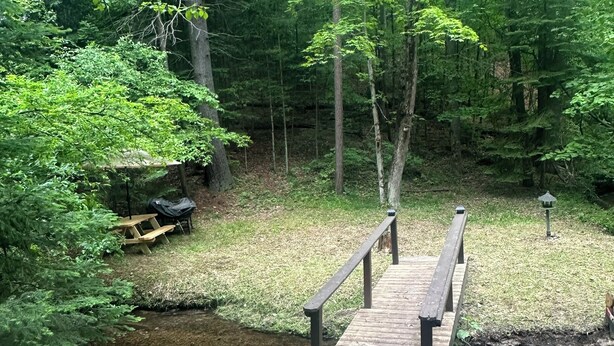 Un ponte di legno che scavalca un piccolo ruscello in una zona boschiva, con tavoli da picnic e un farolante.