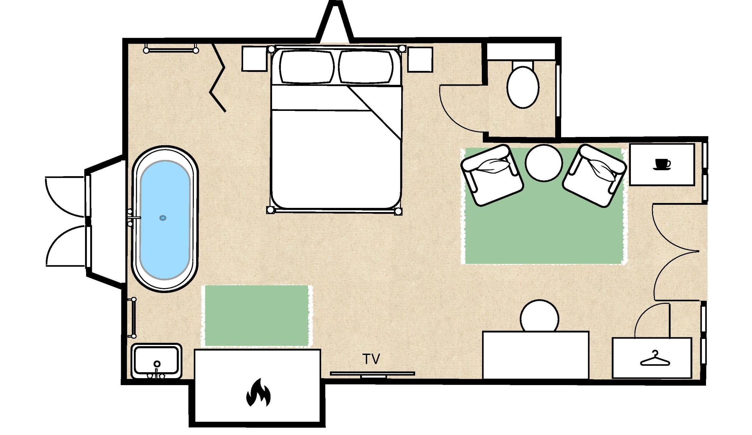 A hotel room layout with a bed, TV, bathroom, and a seating area with a table and chairs.