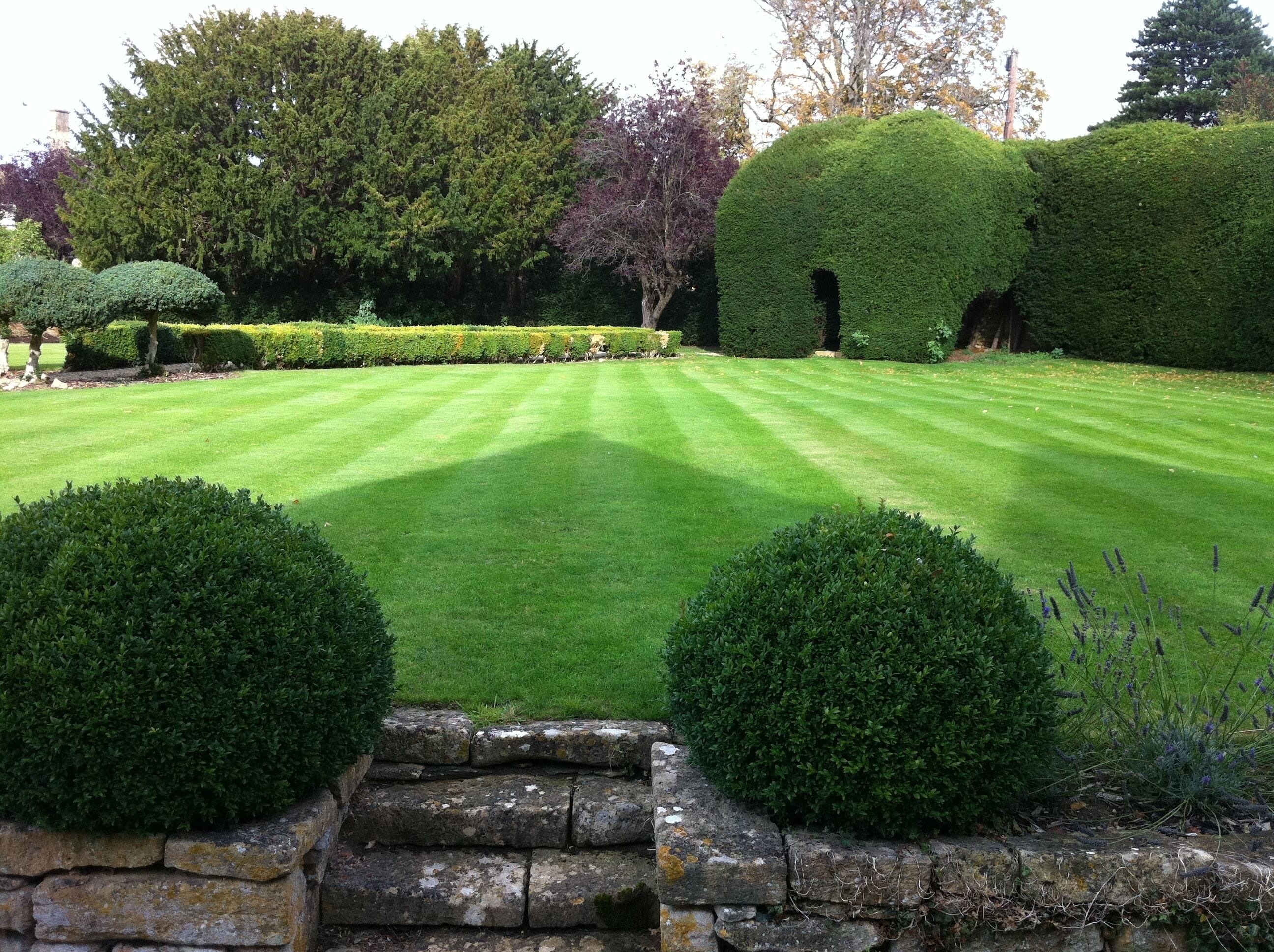 A well-maintained garden with neatly trimmed hedges and a stone wall.