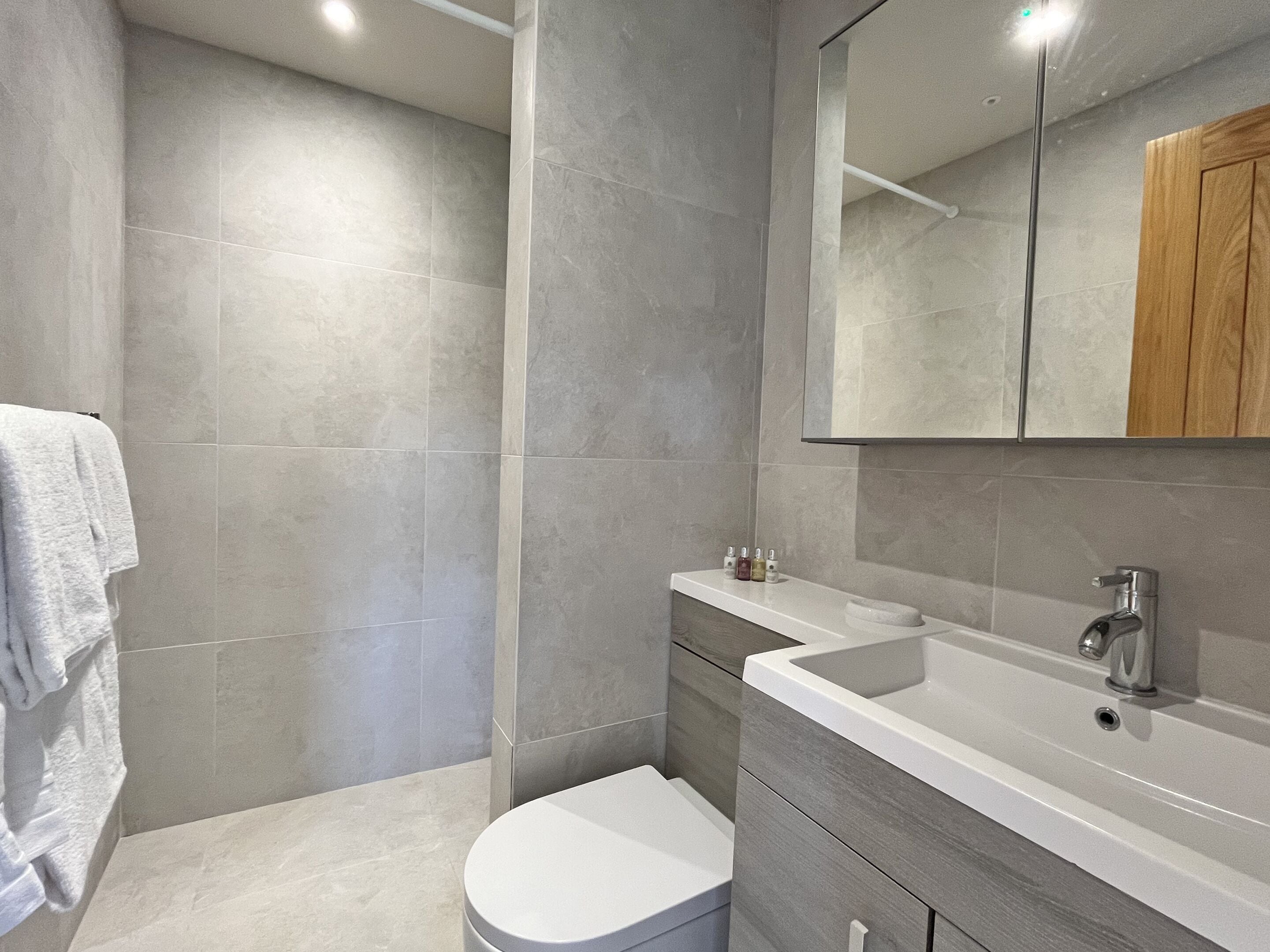 A modern bathroom with a toilet, sink, and mirror.
