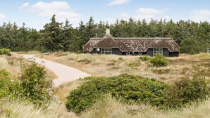 Een rieten huis met een onverhard pad dat ernaartoe leidt, omringd door begroeiing en bomen.
