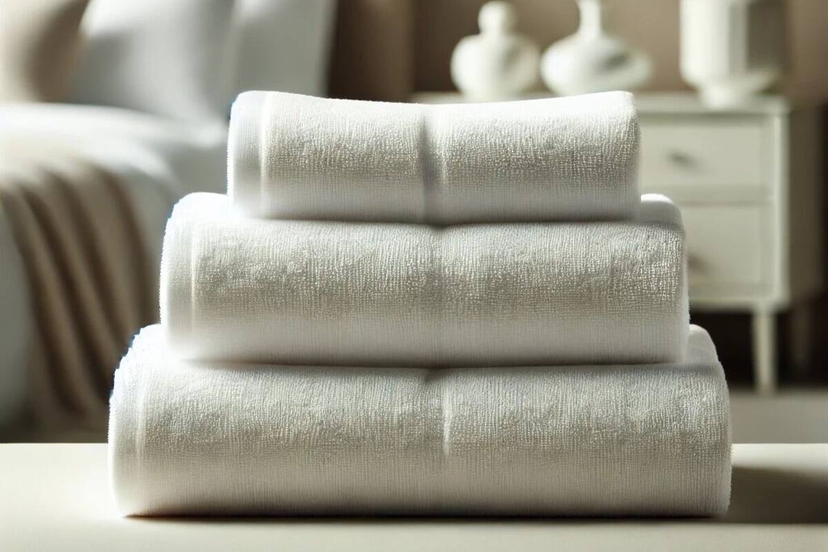 A neatly folded white towel stacked on a bedside table in a hotel room.