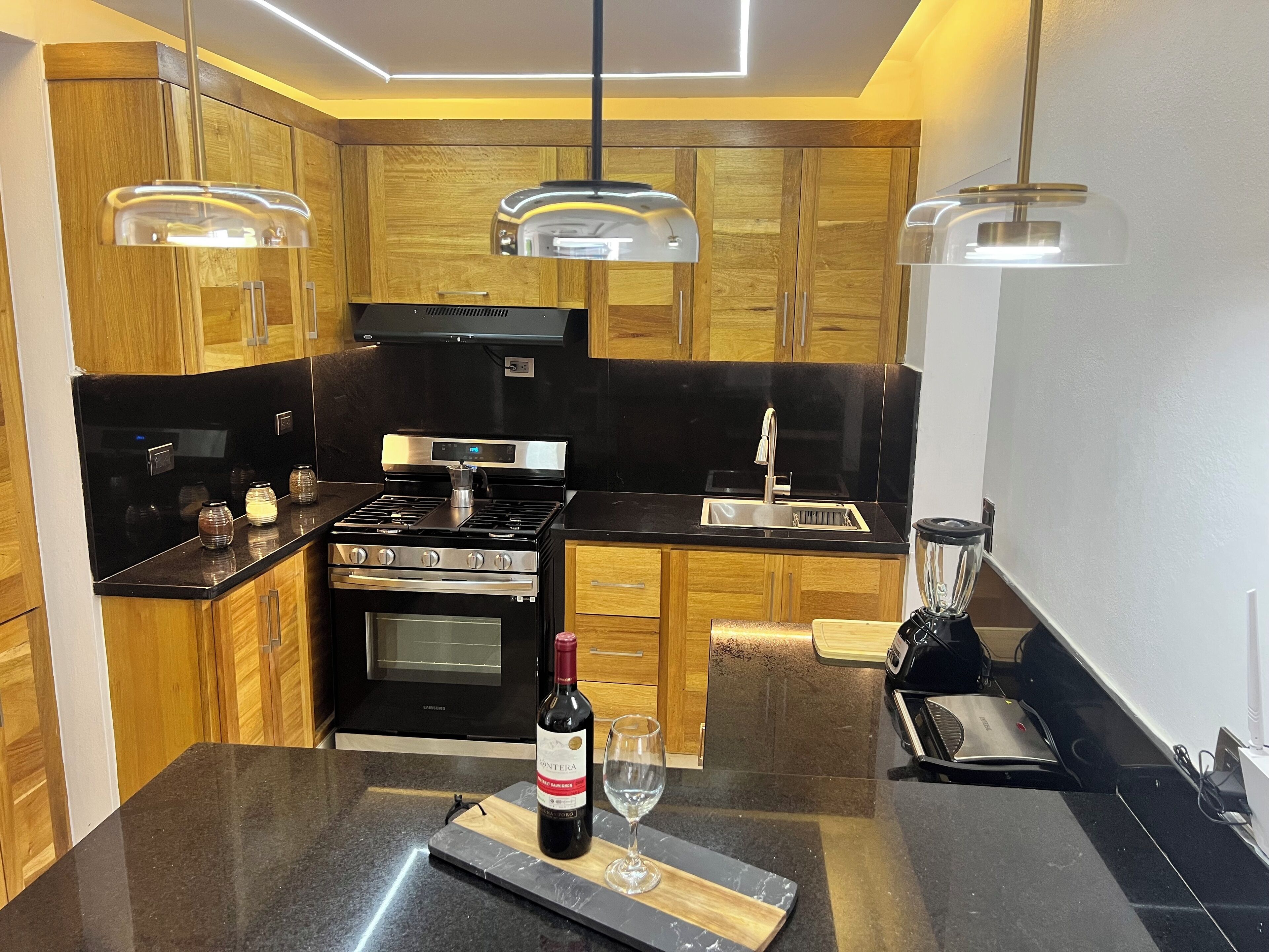 A modern kitchen with wooden cabinets, a stainless steel stove, a sink, and a blender.