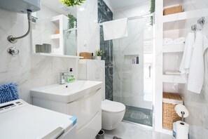 Shower, hair dryer, towels
