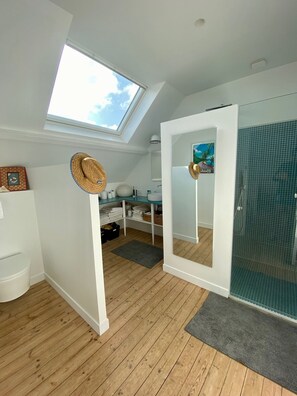 Douche, serviettes fournies, papier toilette