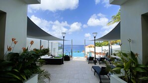 Eine moderne Außenpatio mit Pool, Liegestühlen und Topfpflanzen.