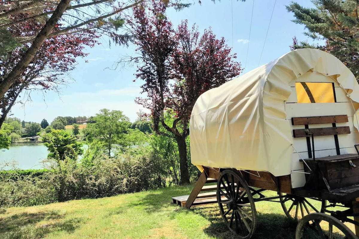 A covered wagon in a grassy area with trees and a lake in the background.