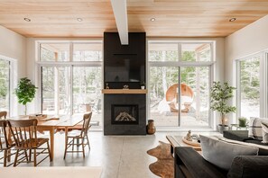 Smart TV, caminetto, libri