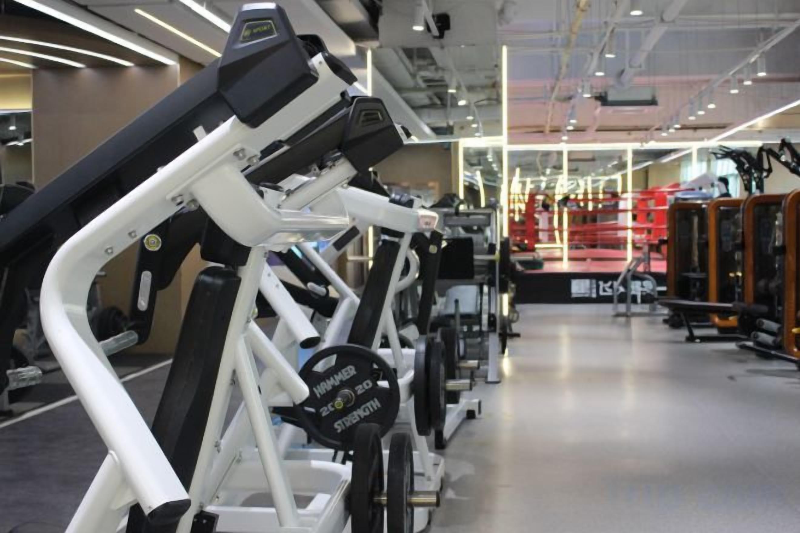 A gym with exercise equipment, including treadmills and weight machines.