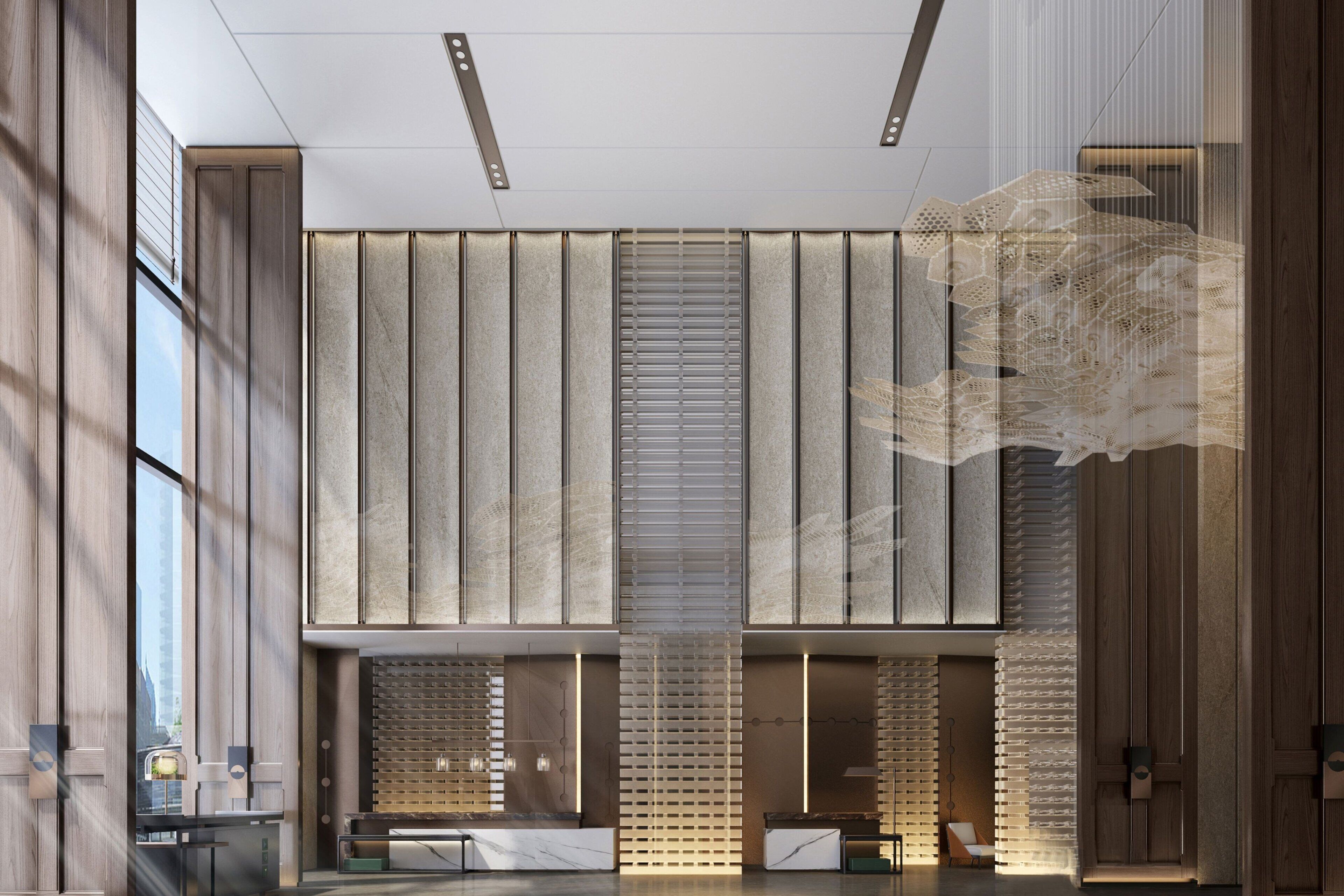 Un vestíbulo moderno con paneles de madera verticales, un mostrador de recepción y una pared con diseño.