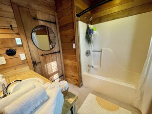 Hair dryer, towels, soap, shampoo