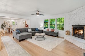 スマートテレビ、暖炉、テレビゲーム、ステレオ