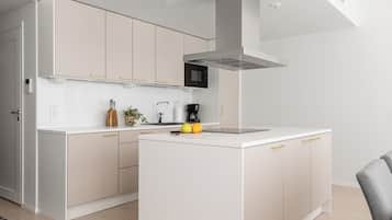 Premium Apartment, River View | Private kitchen | Fridge, microwave, oven, stovetop