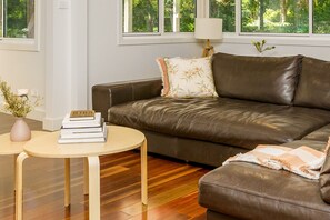 Smart TV, chimenea, libros y estéreo 